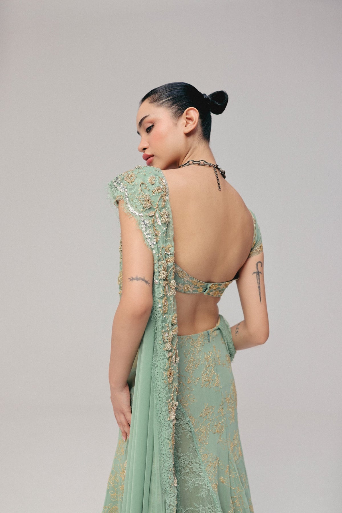 Zardosi & Crystal Embroidery, Soft Tulle & Pure Georgette with Lace, Pre-Stitched Saree Set, Blouse Silhouette