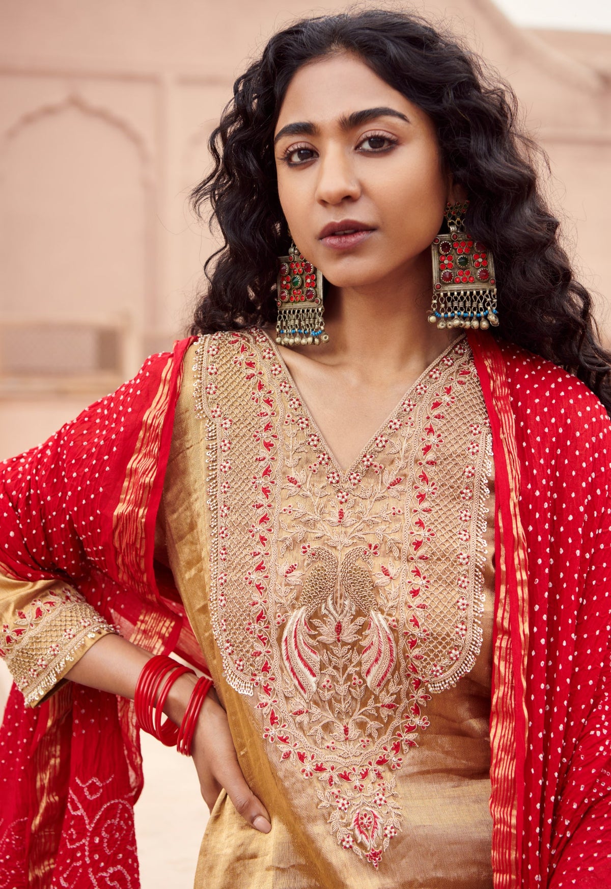 tissue kurta set with bandhni dupatta