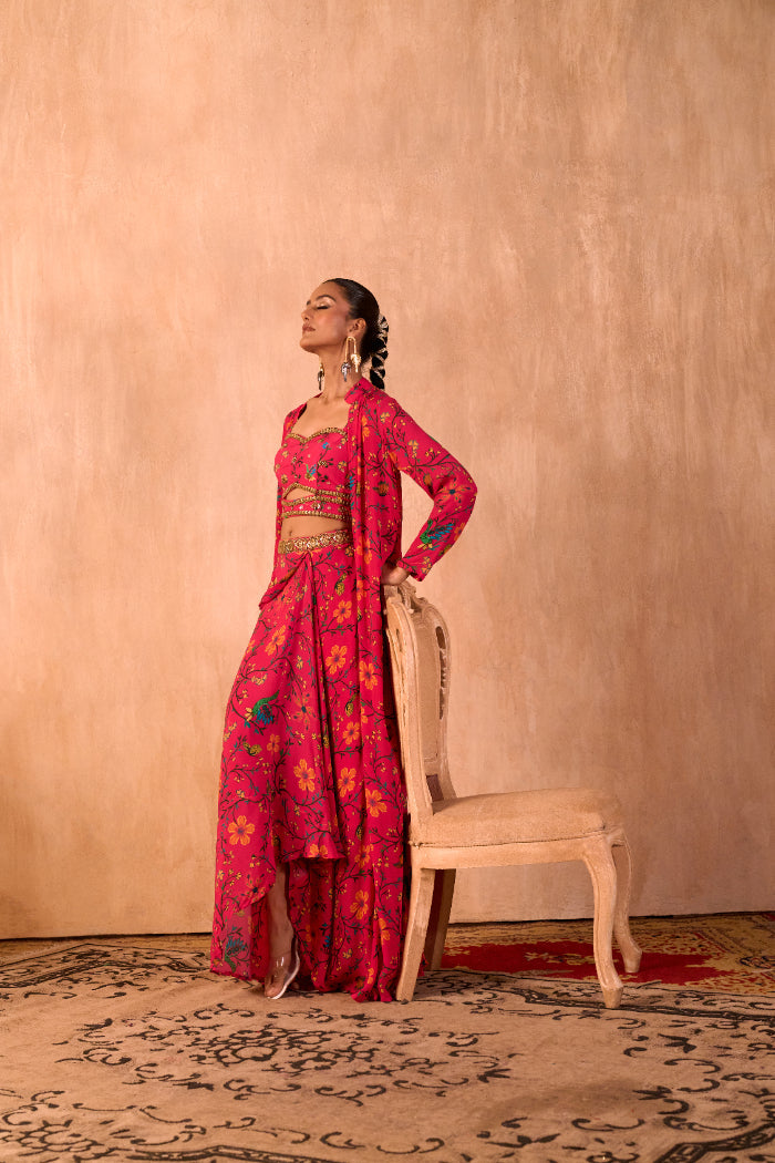 PINK PRINT EMBROIDERED CHOLI, DRAPED SKIRT AND JACKET SET - image 2