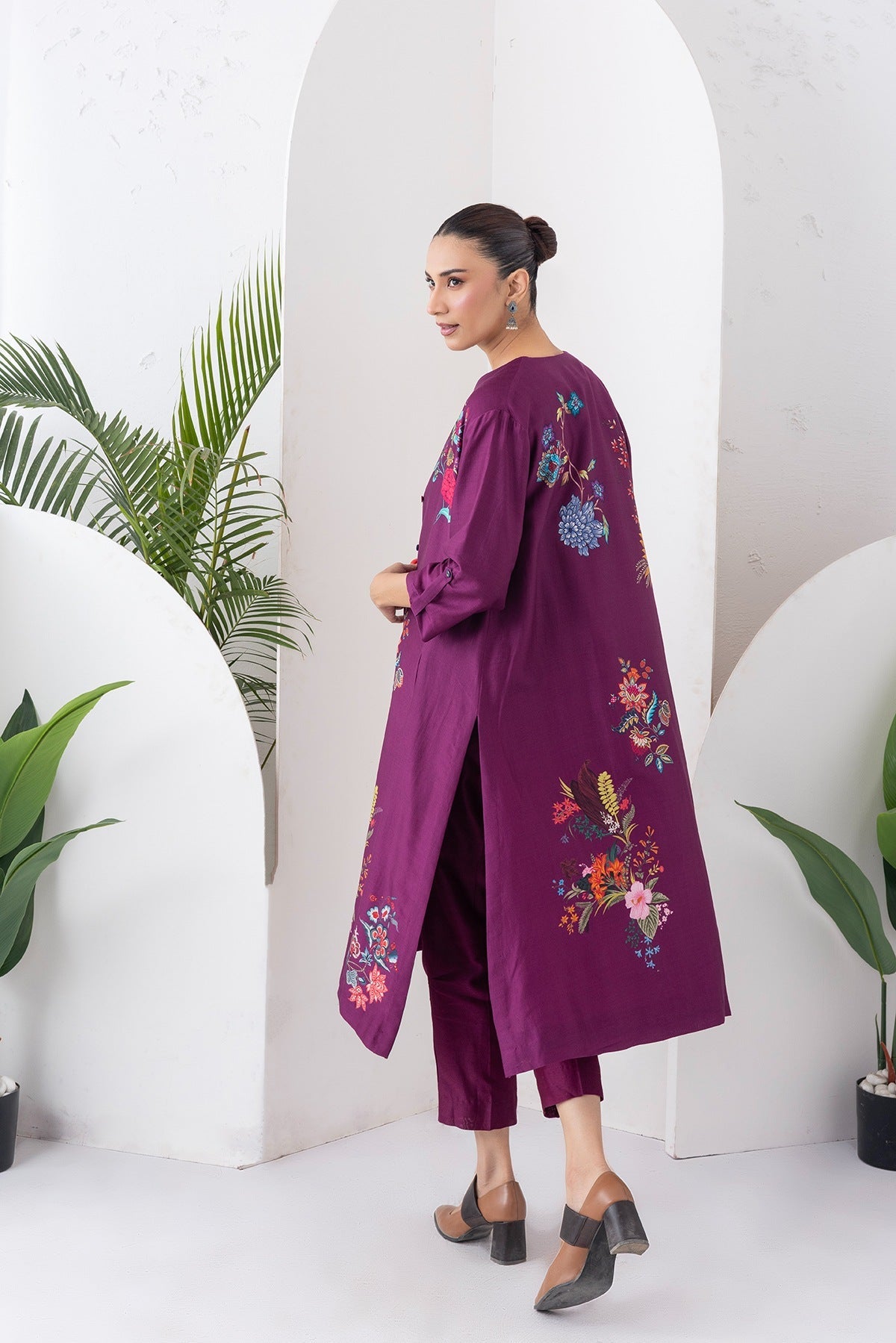 Wine Silk Chanderi Printed High-Low Dress Set (3 PCS)