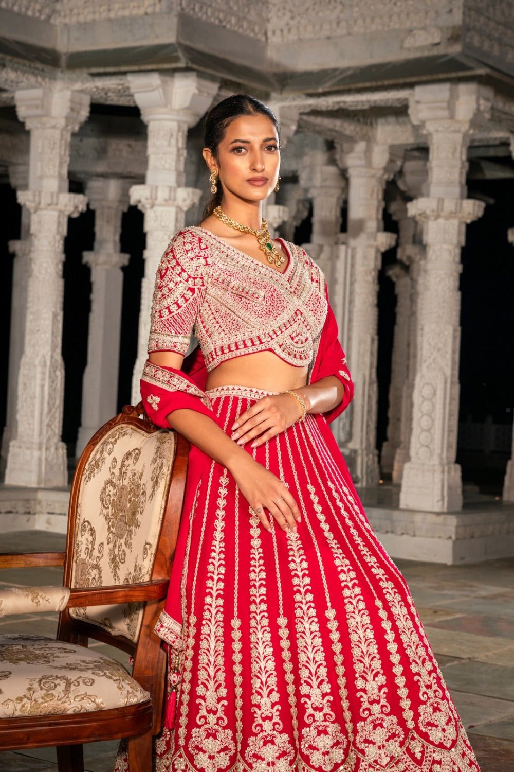 Cherry red georgette lehenga choli with sequins and thread work