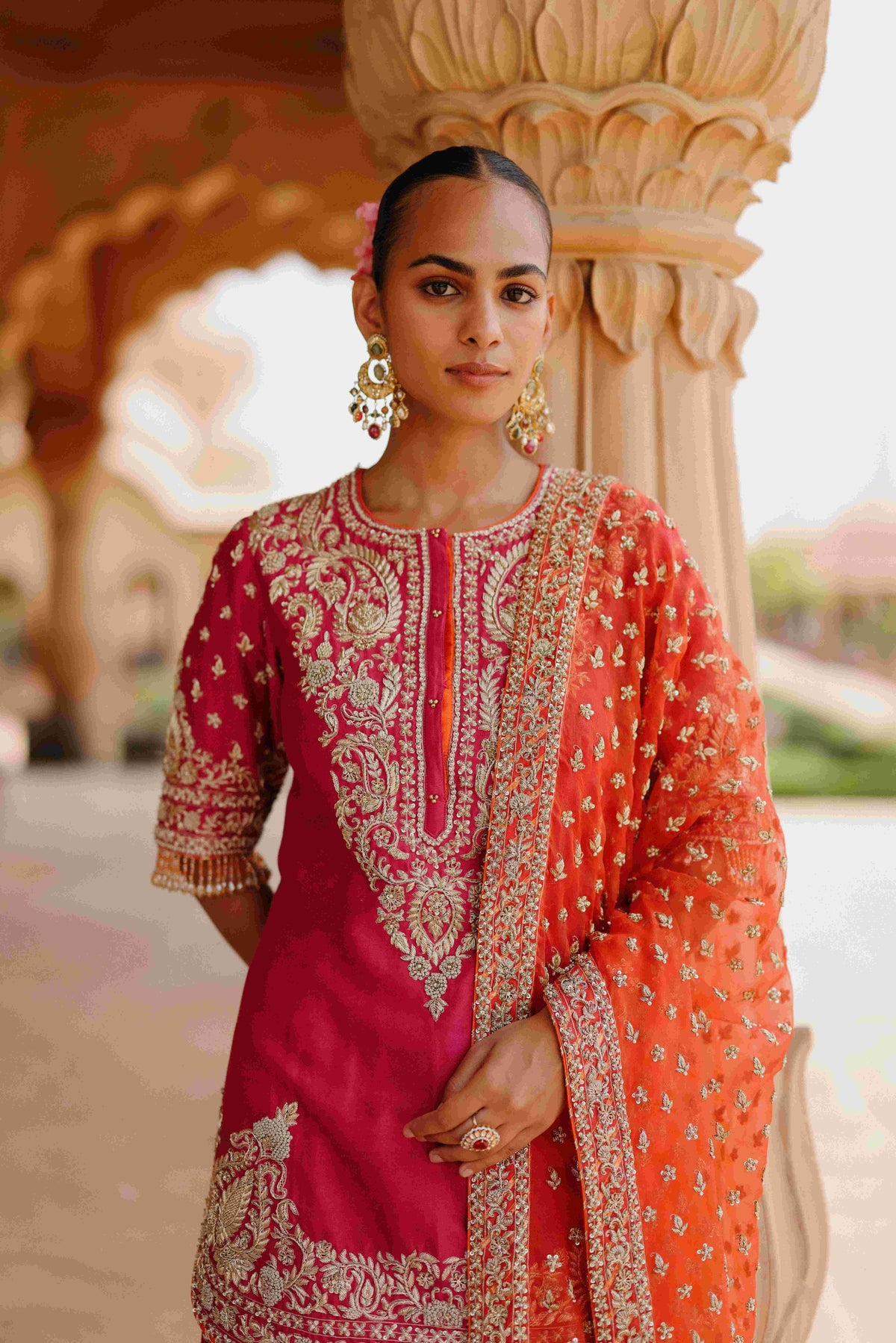 Hot Pink Embroidered Kurta Sharara Set with Organza Dupatta