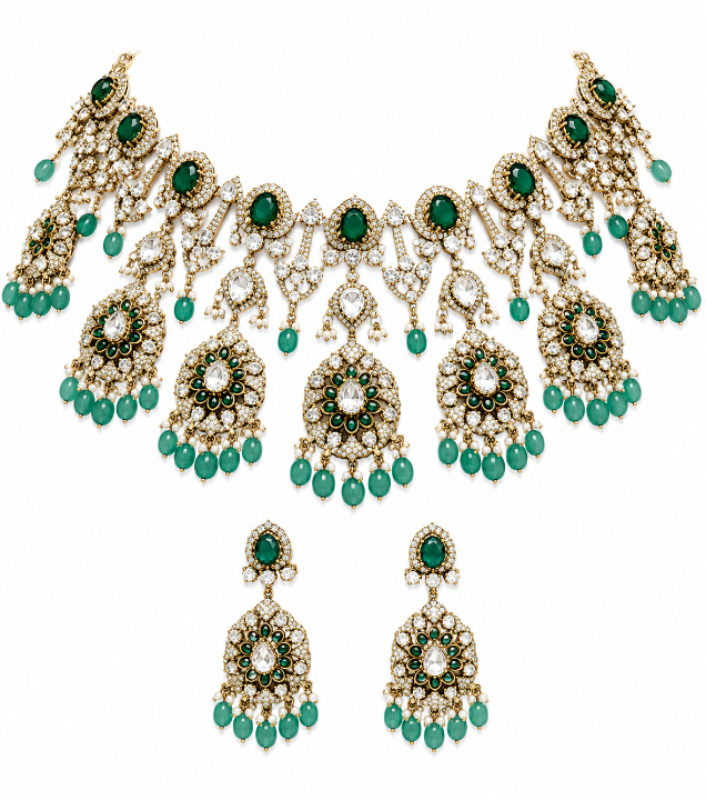 Luxurious Moissanite bridal choker necklace set featuring sparkling stones, emerald green accents, intricate floral motifs, and matching statement earring for a regal wedding look.