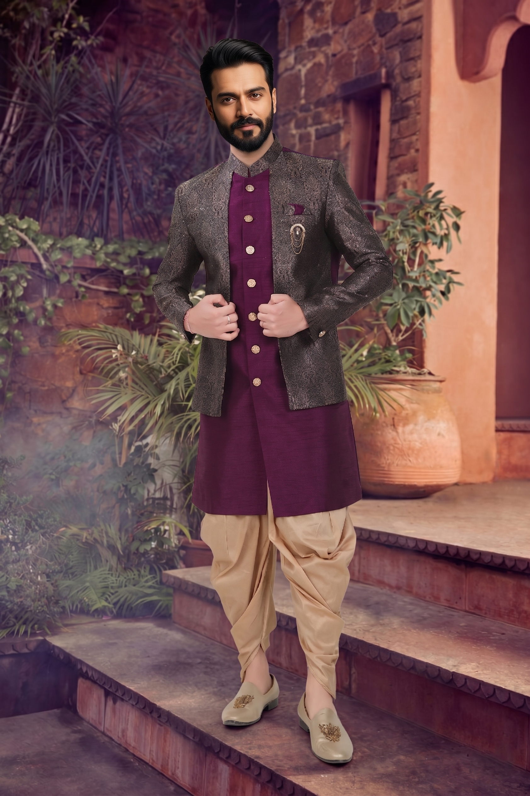 Men's SILK PURPLE  SEMI-INDO-WESTERN