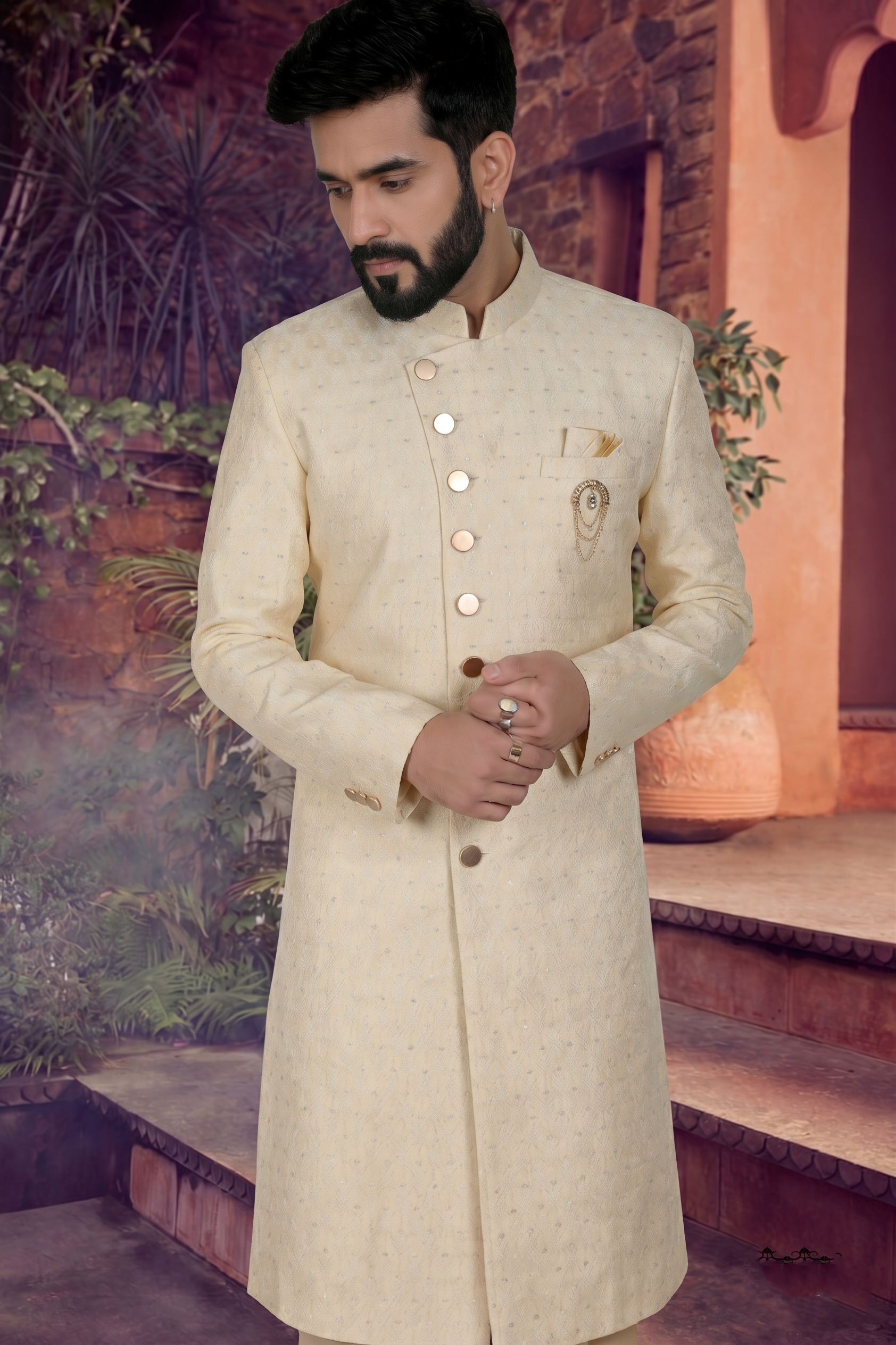Men's WOVEN JACQUARD YELLOW  SEMI-INDO-WESTERN