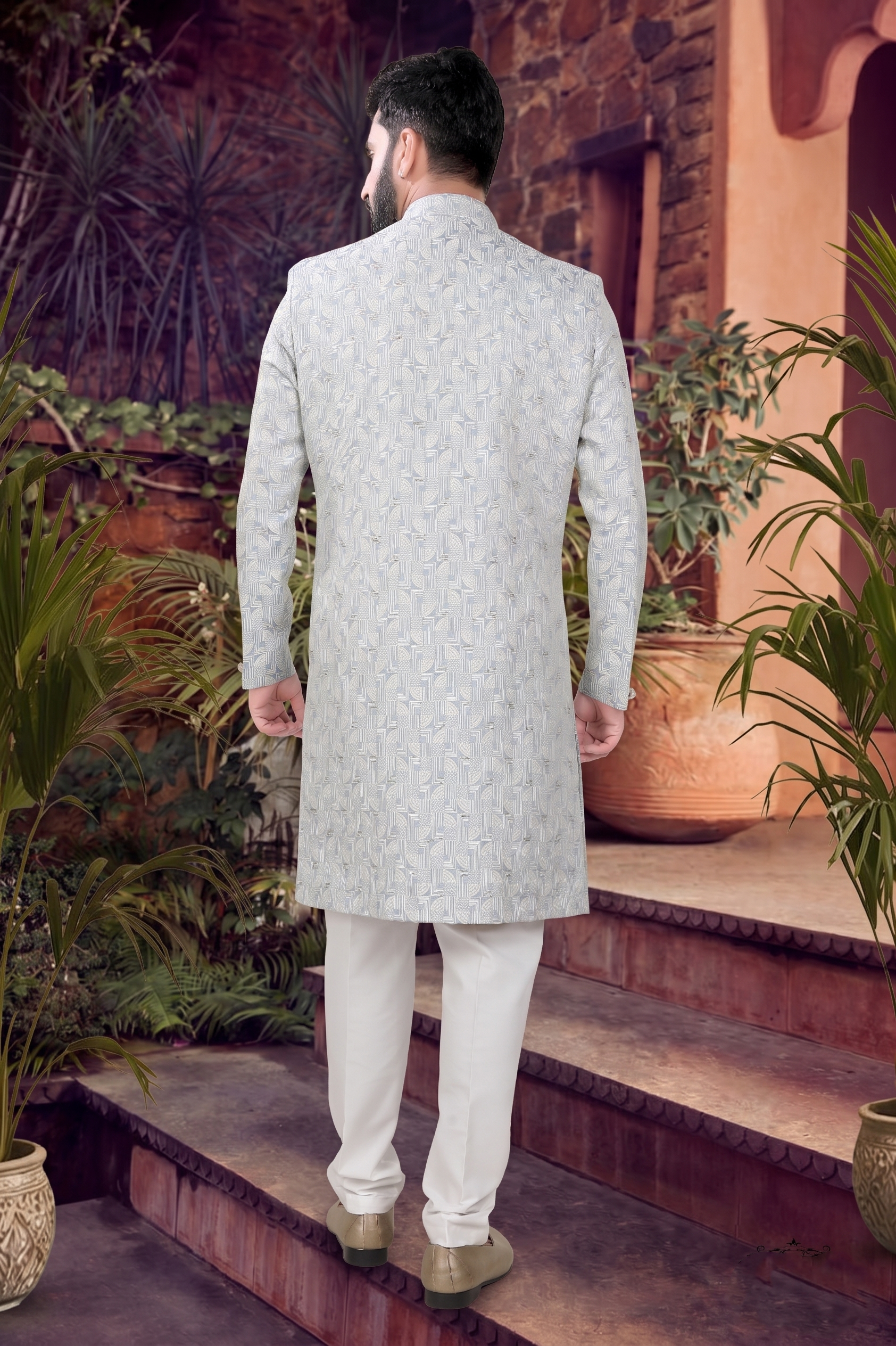 Men's WOVEN JACQUARD BLUE   SEMI-INDO-WESTERN