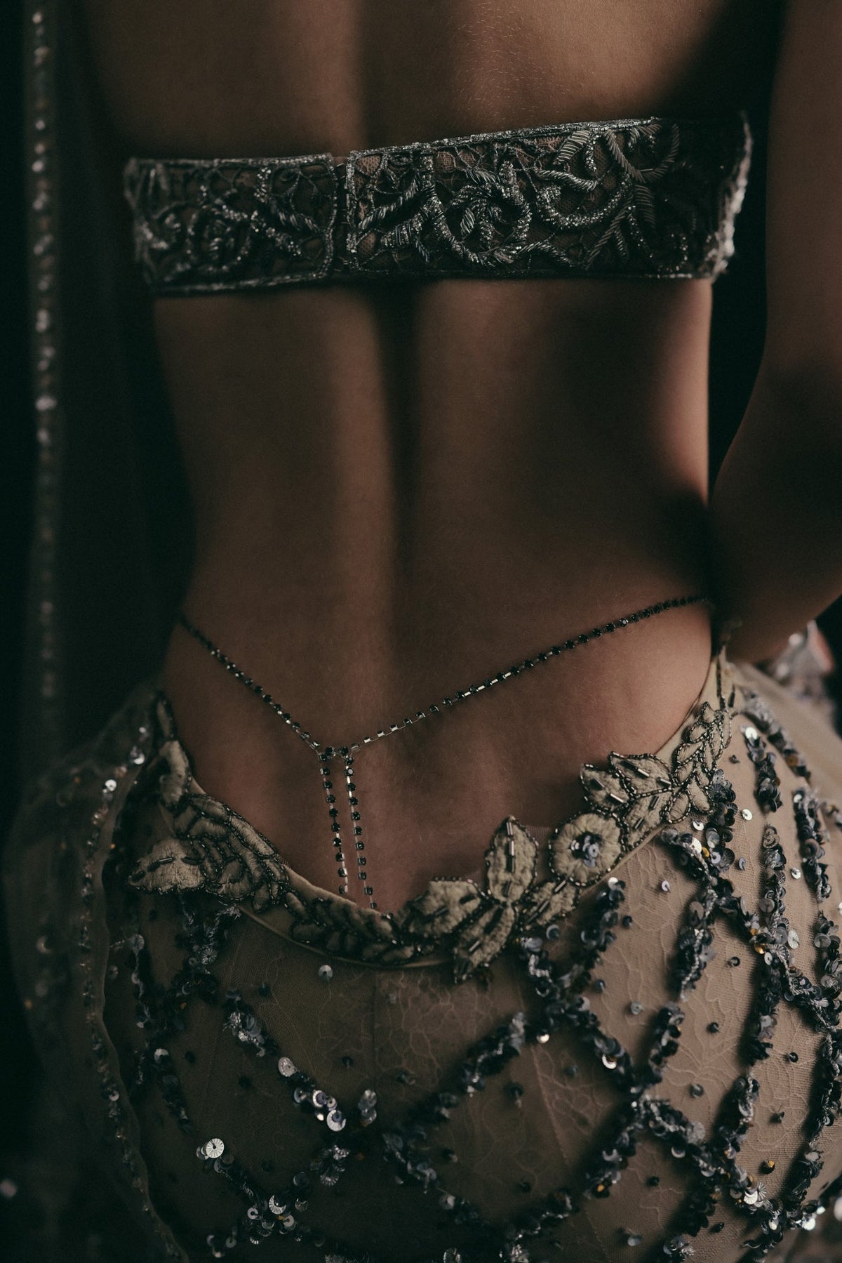Zardosi Filigree Embroidery, Tulle & Silk with French Lace, Pant Set, Halter Crop Silhouette