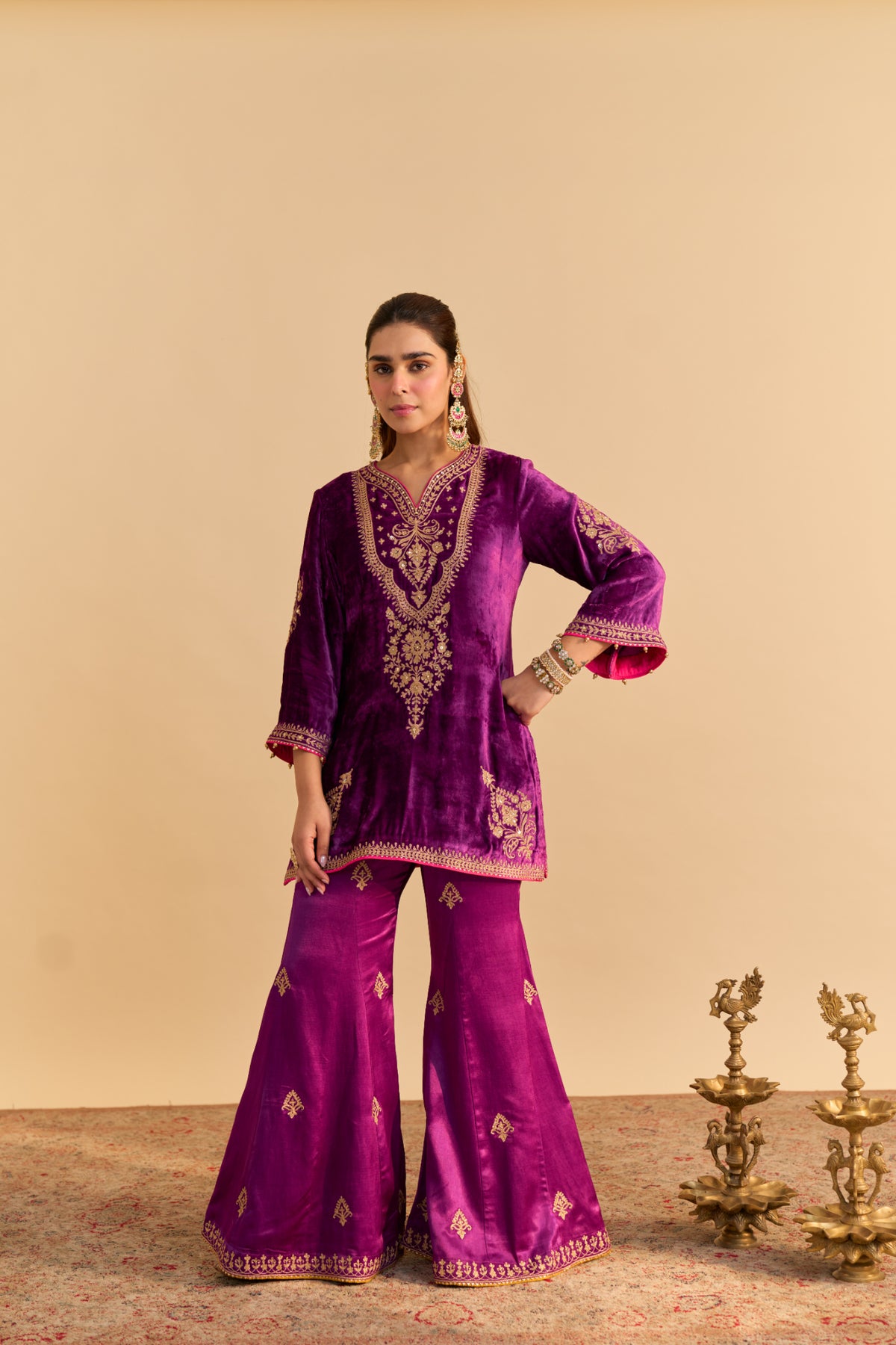 Deep Purple Velvet Kurta Set with Flared Palazzo & Dupatta