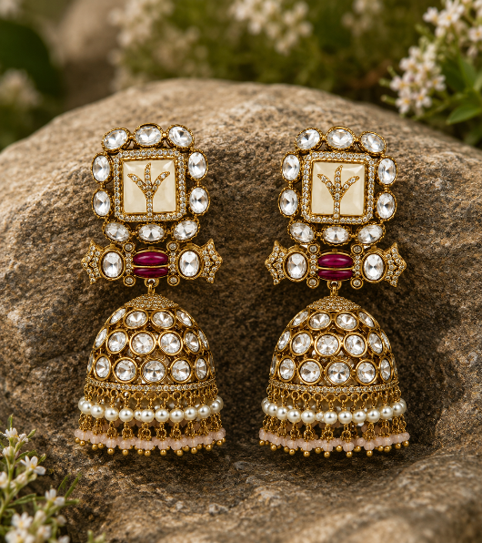 Polki Jhumka Earring with Pearl Fringe