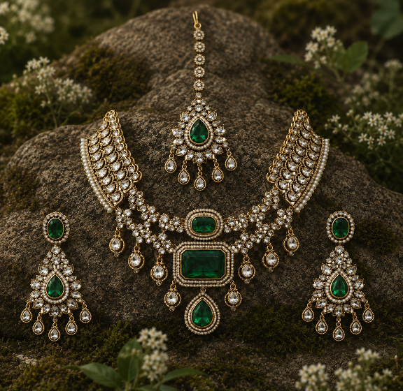 Emerald Green Bridal Polki Necklace Set with Maang Tikka & Statement Earring
