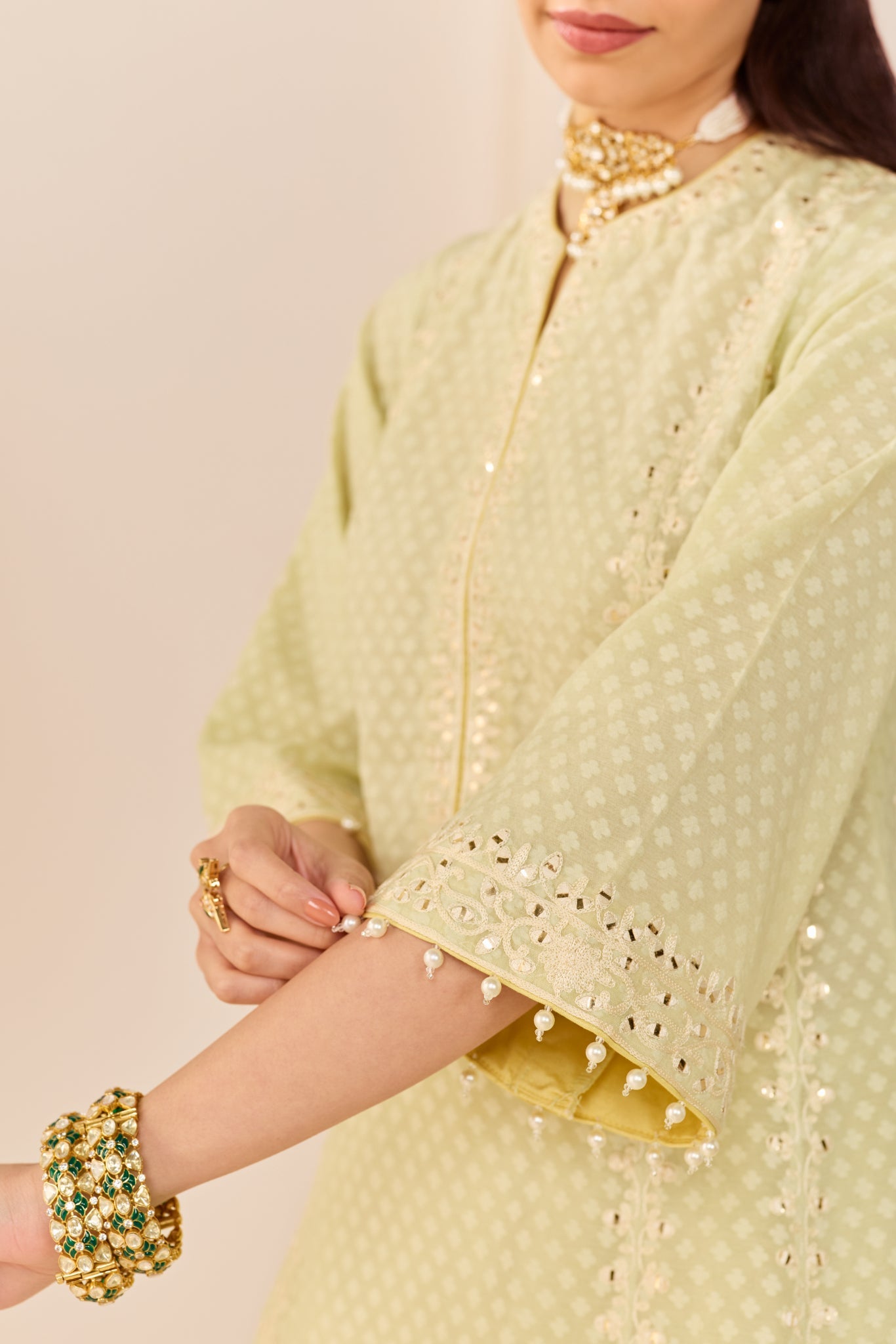 FIRDAUS - MINT GREEN LONG KALIDAAR CHAUGA WITH DOGRI SALWAR AND DUPATTA