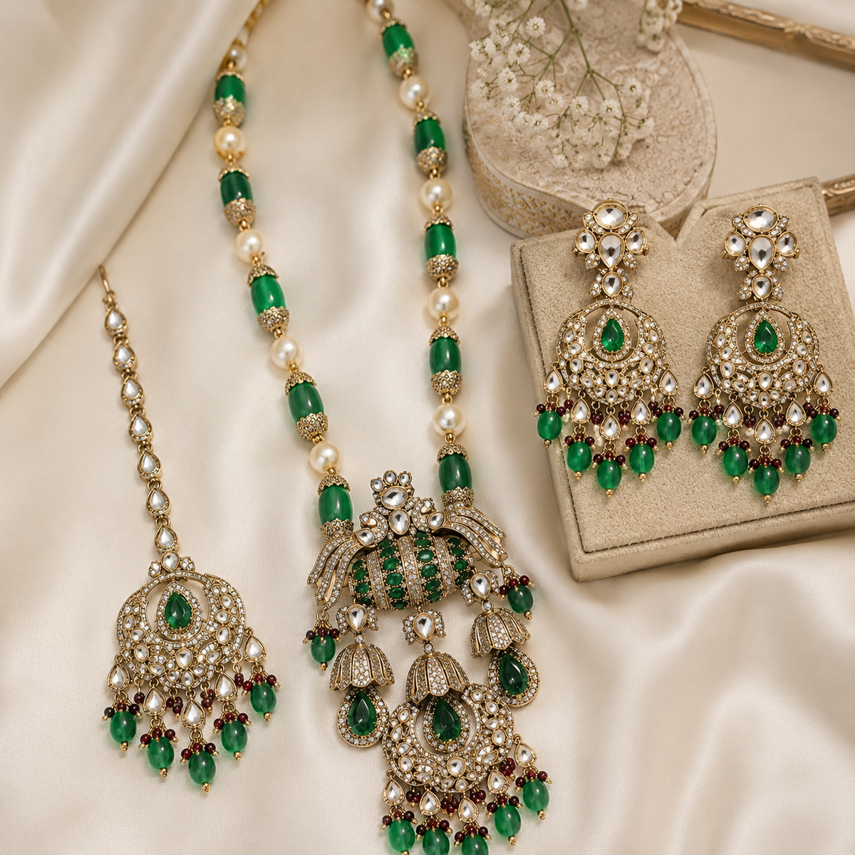 Emerald Green Semi-Precious Stone Kundan Long Necklace Set with Maang Tikka