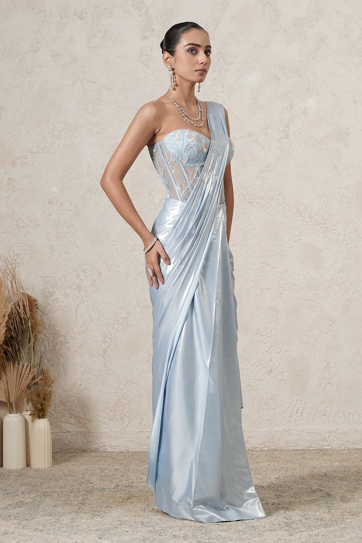 Shabnam Pre-Draped Saree with Hand-Embroidered Corset Blouse | Powder Blue | Women | THETAA