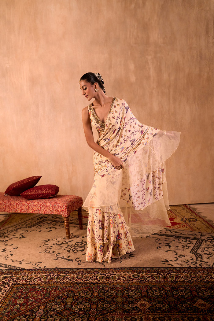 IVORY PRINT EMBROIDERED CHOLI WITH PRE DRAPED RUFFLE SARI SET - image 2