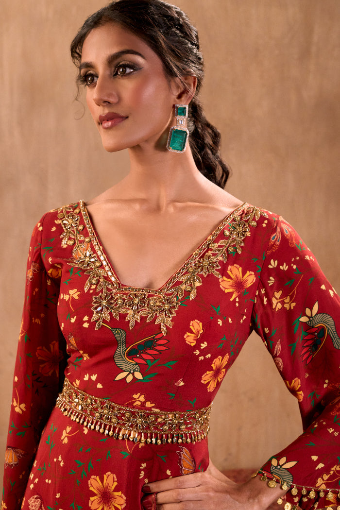 RED PRINT EMBROIDERED ANARKALI WITH DUPATTA AND BELT SET - image 2