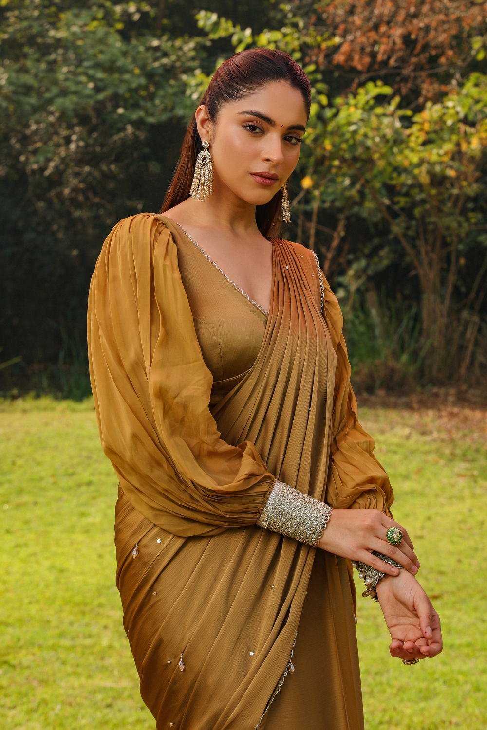 Honey Gold Ayesha Pre-Stitched Drape Saree with Princess Sleeves