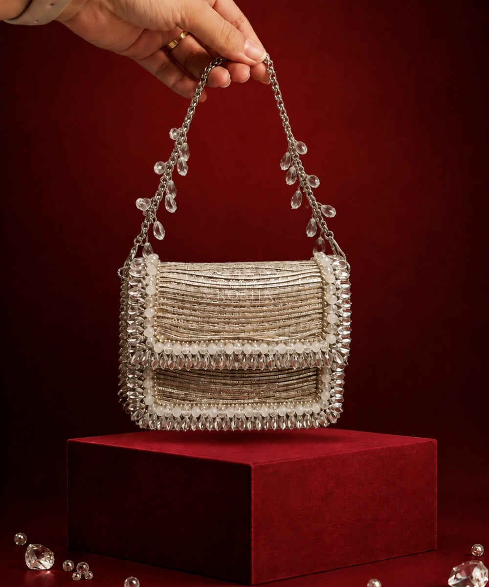 Elif Silver Georgette Embellished Clutch
