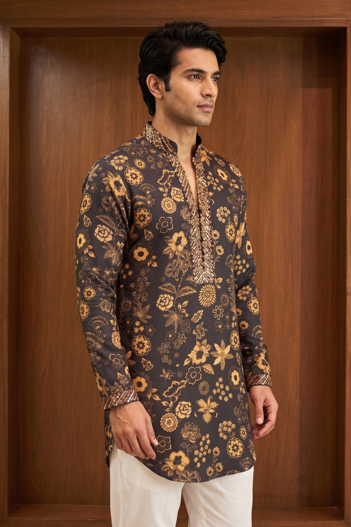 Black & Gold Floral Linen Satin Kurta
