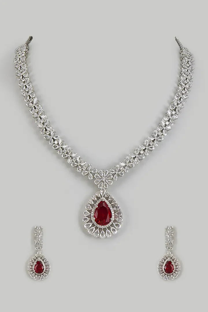 Ruby Red Teardrop Cubic Zirconia  Look Necklace Set with Statement earring