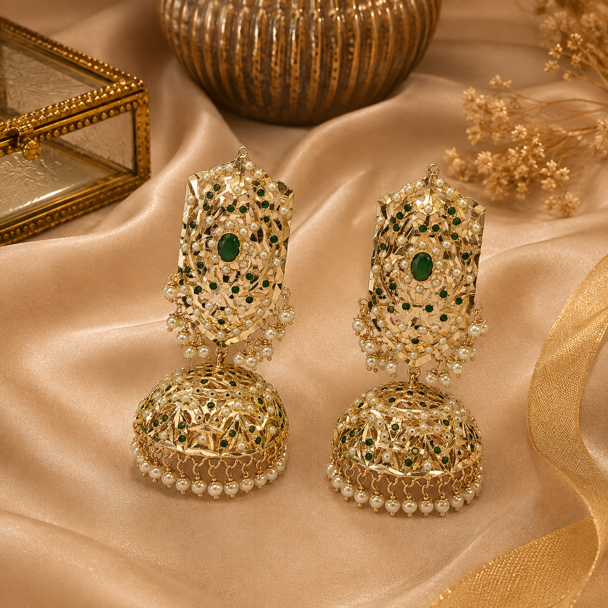 Emerald Green Jadau Pearl Jhumka Earrings