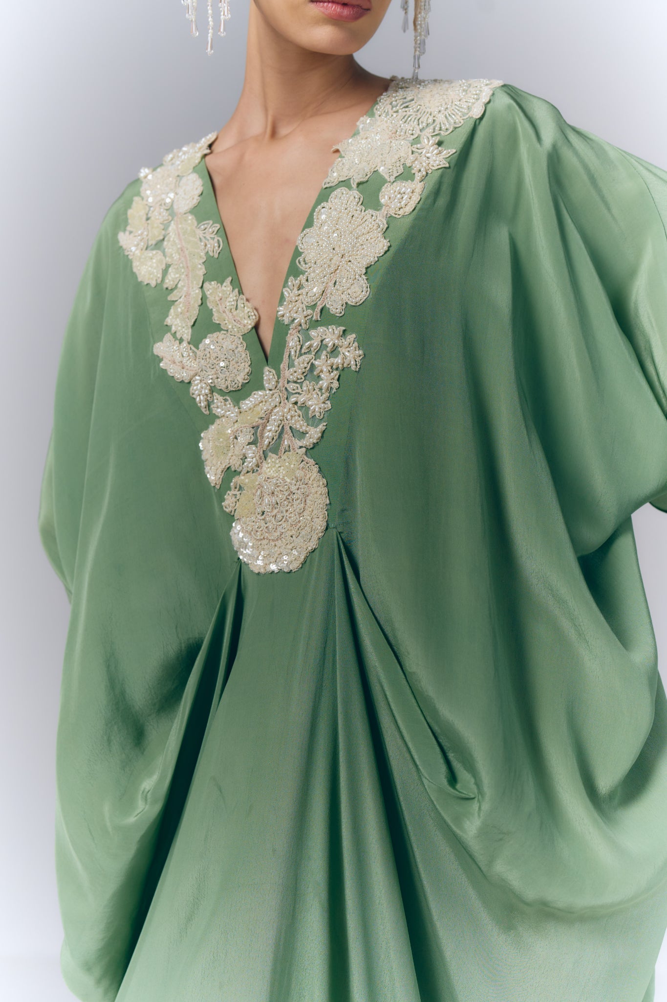 Sage Green Embroidered Draped Kaftan
