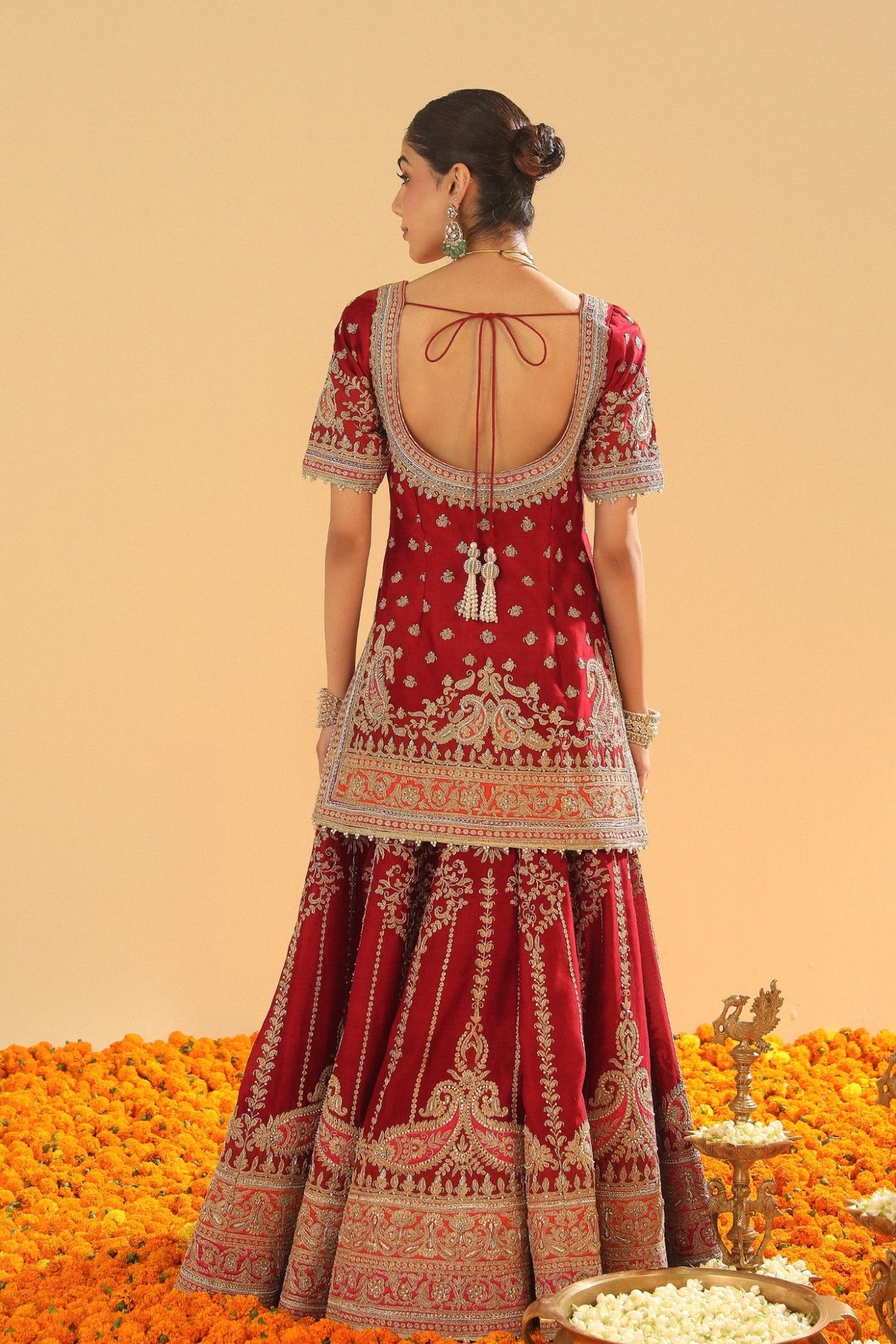 Sehrish - Deep Red Short Kurta with Sharara and Odhni