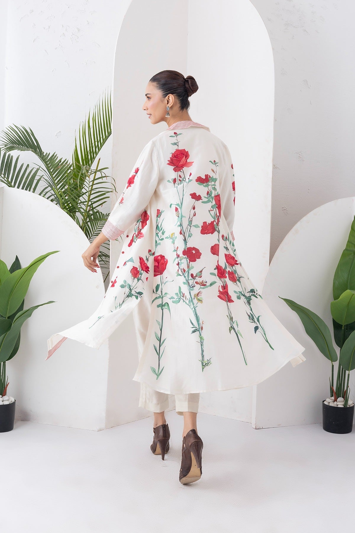 Ivory Silk Chanderi Front Open Printed Dress Set (3 PCS)