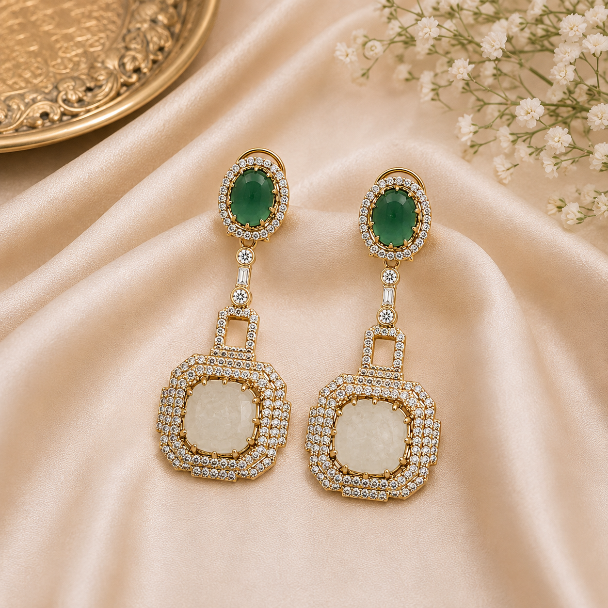 Emerald Green & Ivory Semi-Precious Statement Earrings