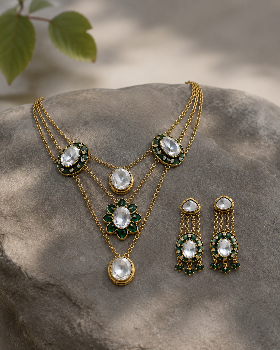 Emerald Kundan Layered Necklace Set with Drop Earring