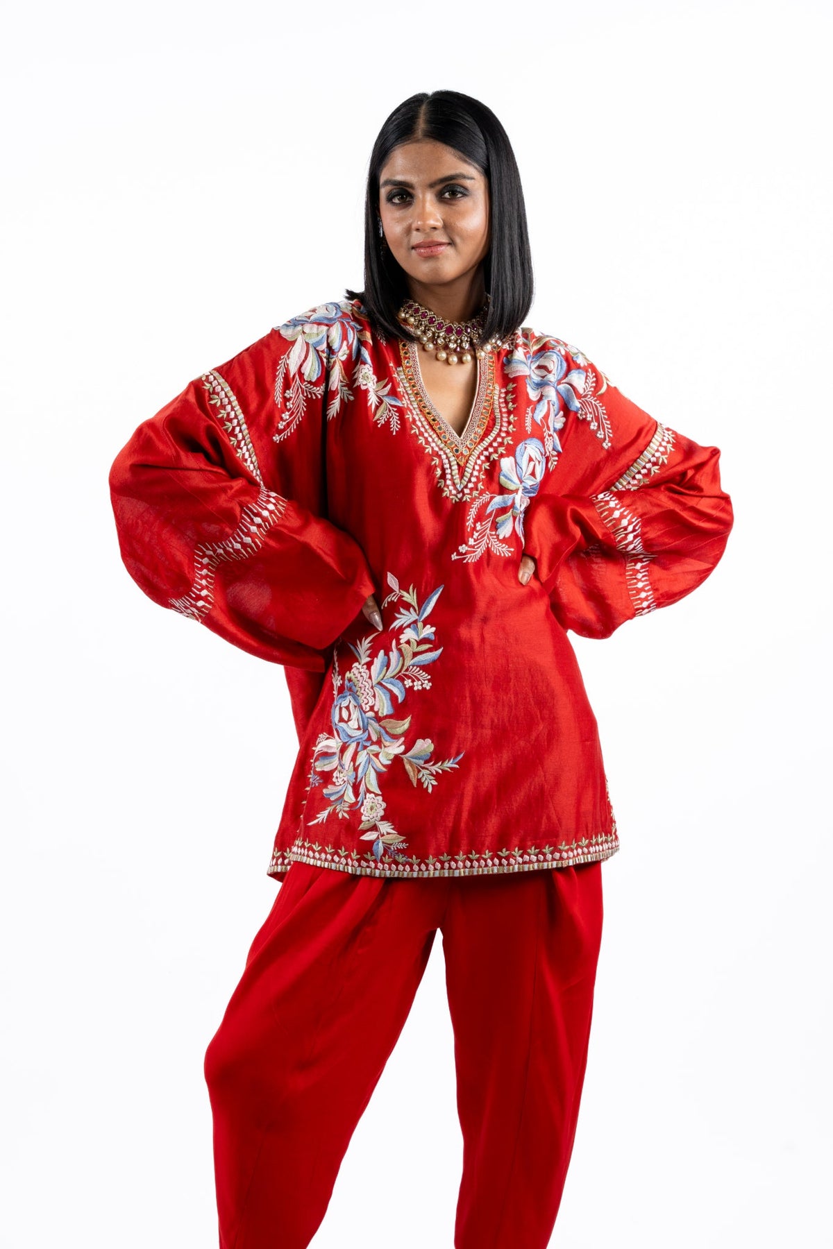 Crimson Bloom Embroidered Co-ord Set
