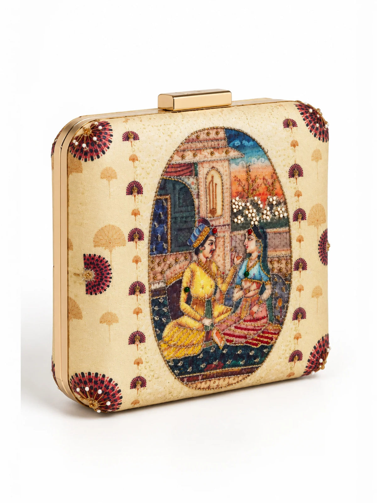 Ivory Indian Miniature Art Printed Embroidered Clutch Bag with Gold Detail