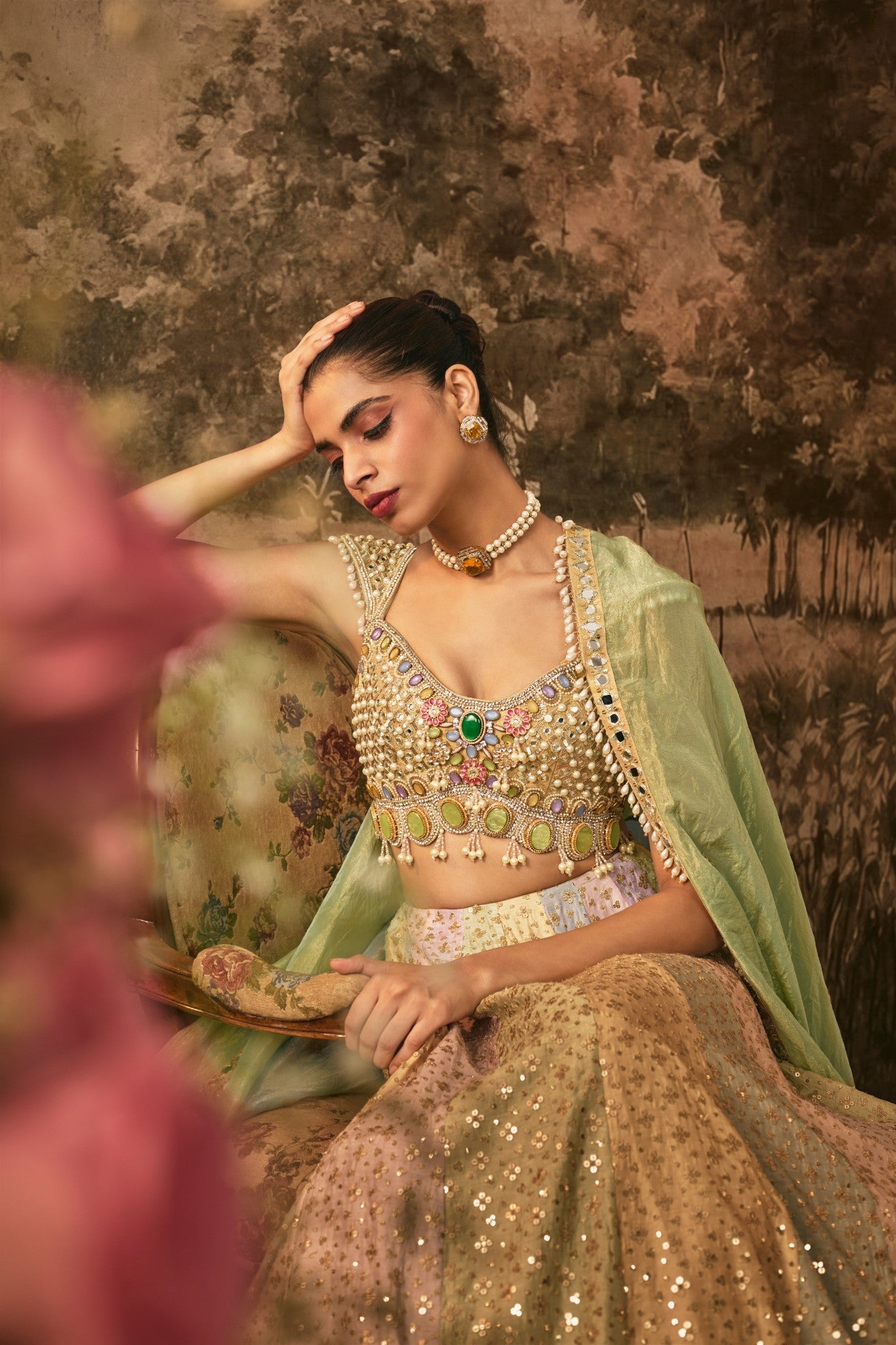 Multi colored sequins and mirror embroidered lehenga set