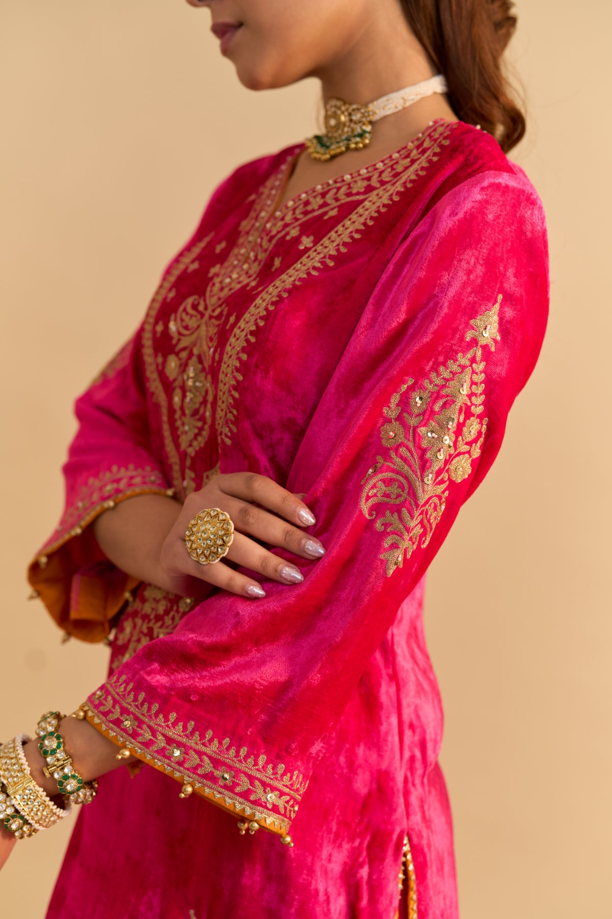 Hot Pink Velvet Kurta Set with Flared Palazzo & Dupatta