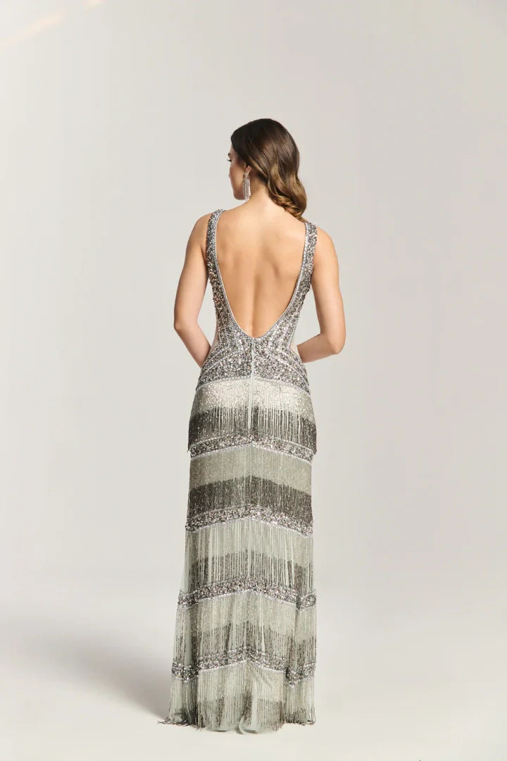 Silver Beaded V-Neck Maxi Dress - Glamorous Slit Evening Gown