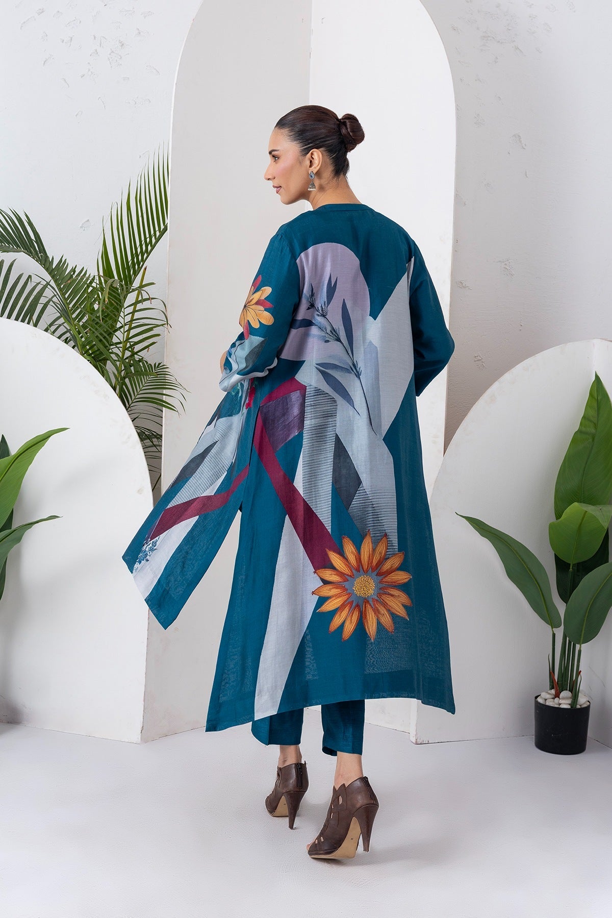Indigo Silk Chanderi Printed High-Low Dress Set (3 PCS)