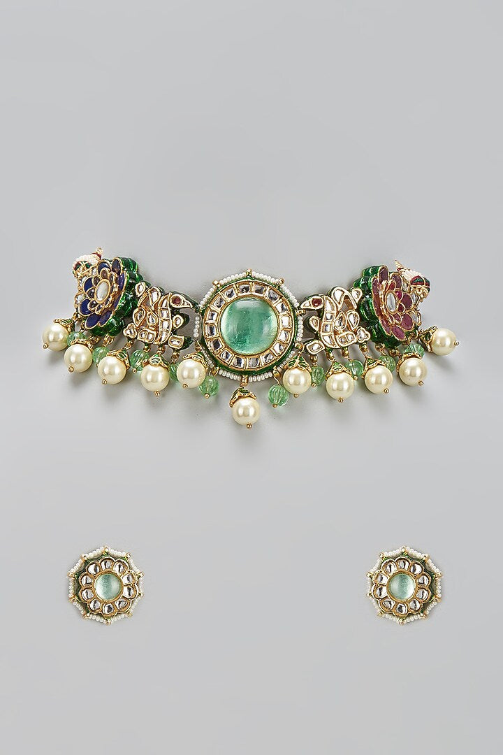 Royal Navratna Jaipuri Kundan Floral Choker Set with Pearl Drops