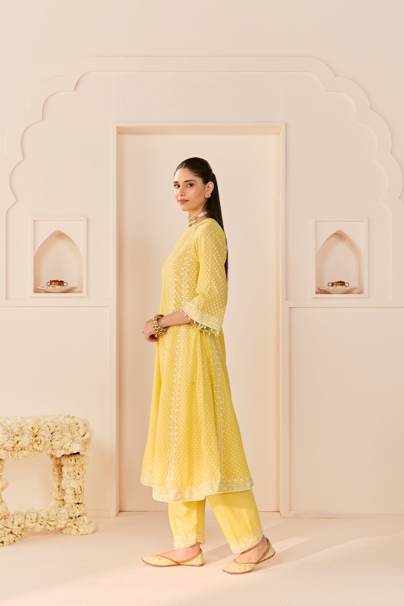 FIRDAUS -LEMON YELLOW LONG KALIDAAR CHAUGA WITH DOGRI SALWAR AND DUPATTA