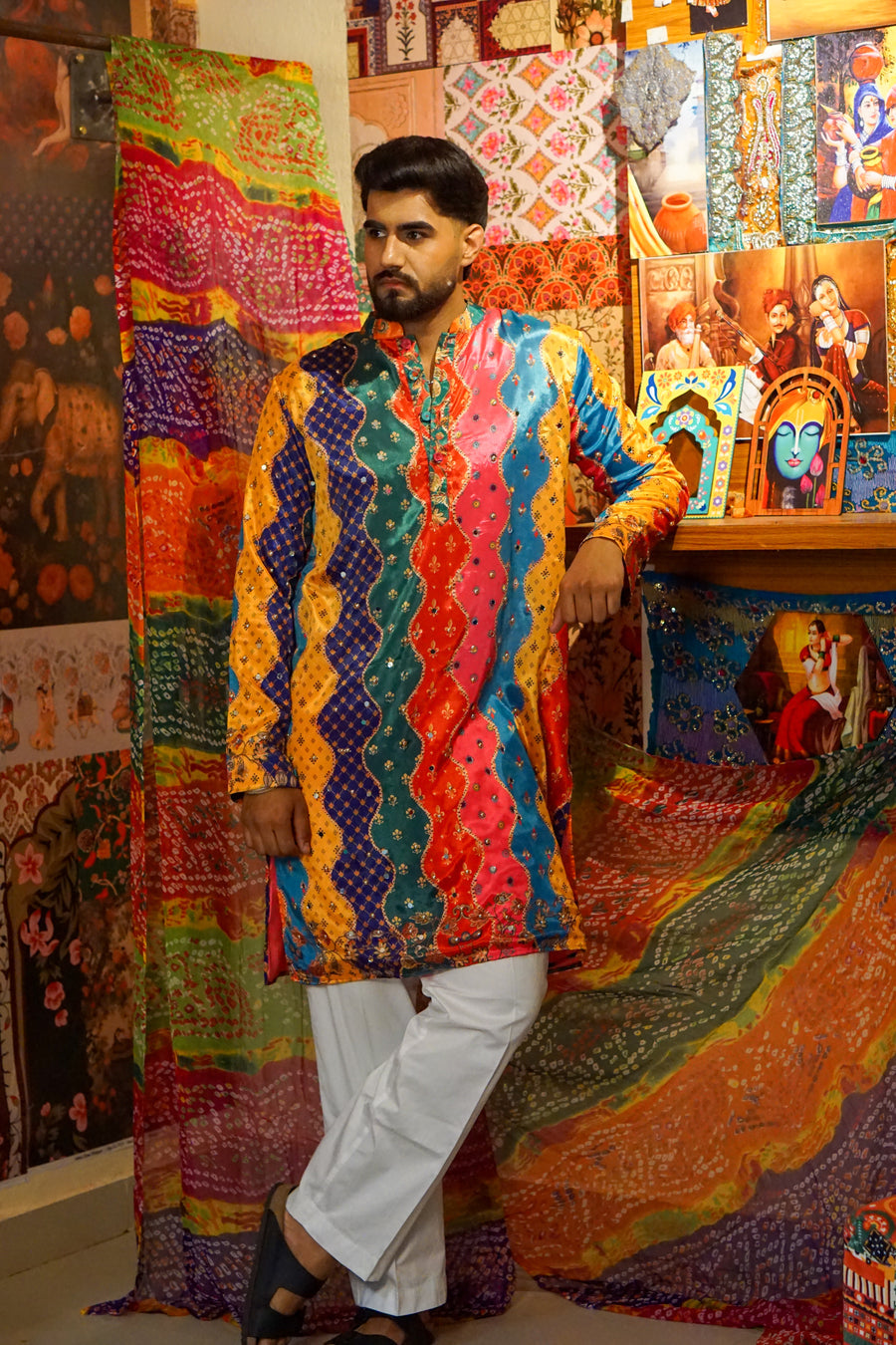 Rangveer Multicolour Bandhani Kurta with Zari & Mirror Work