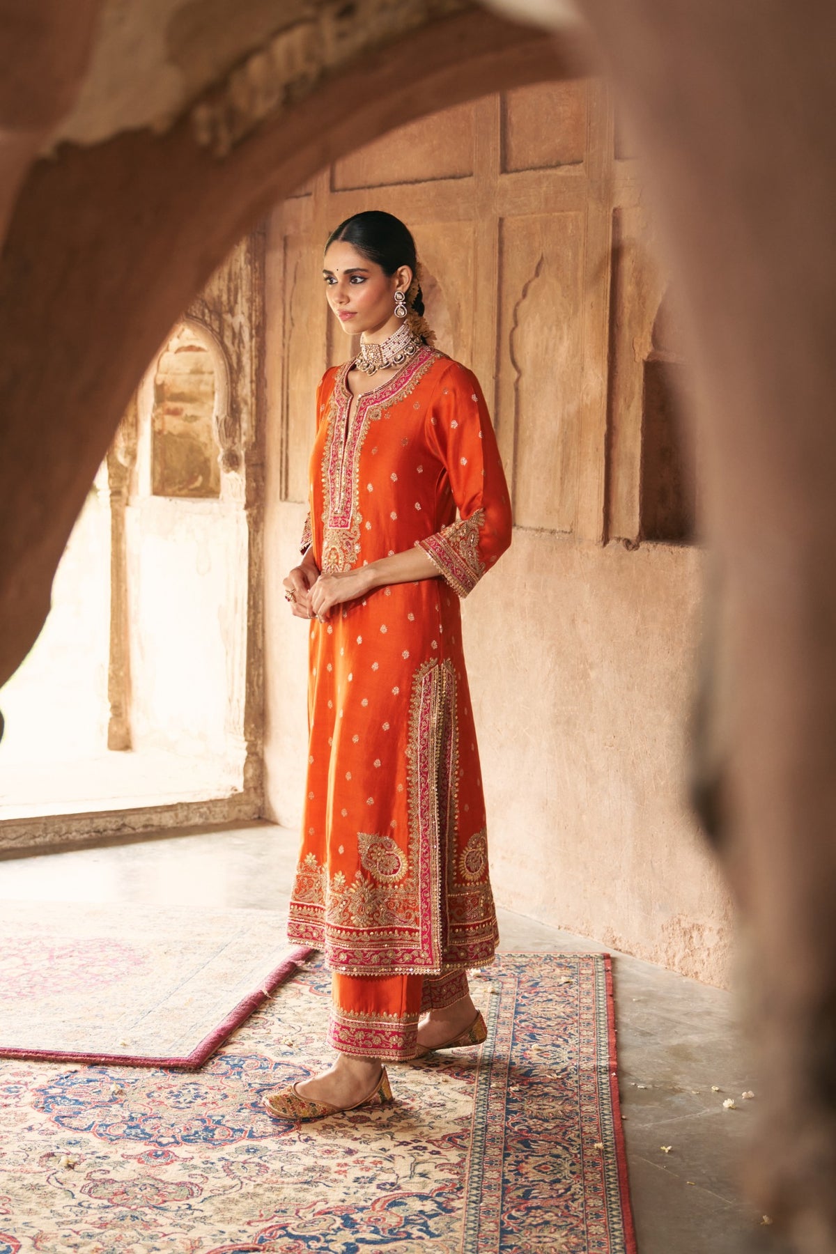 Burnt Orange Embroidered Kurta Set with Silk Organza Dupatta