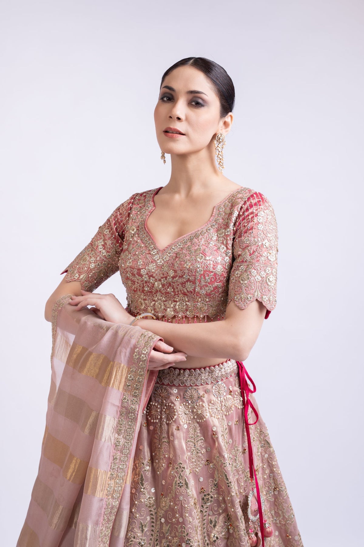Rani Pink Luxe Tissue Silk Embroidered Lehenga Set with Dupatta