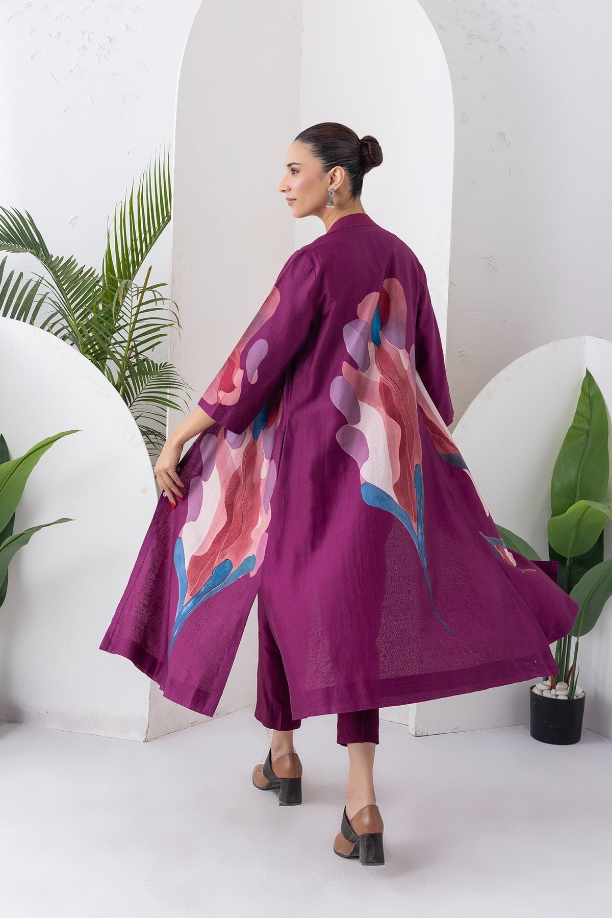 Wine Silk Chanderi Printed Dress Set (3 PCS)