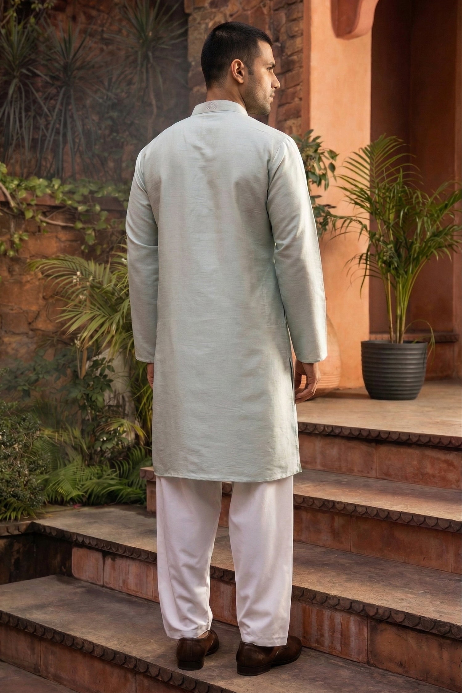 Men's Silk Blend Cream Designer Embroidery Work Kurta with payjama