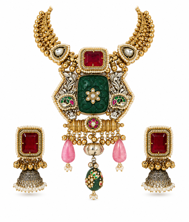 Royal Ruby Statement Necklace Set with Jhumka earring