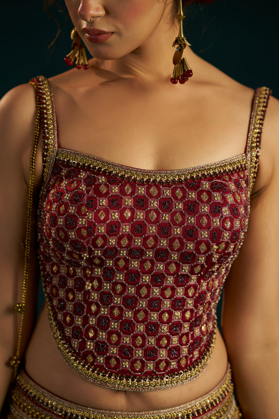 Maroon Crush Lehenga with Hand-Embellished Modal Satin Corset.