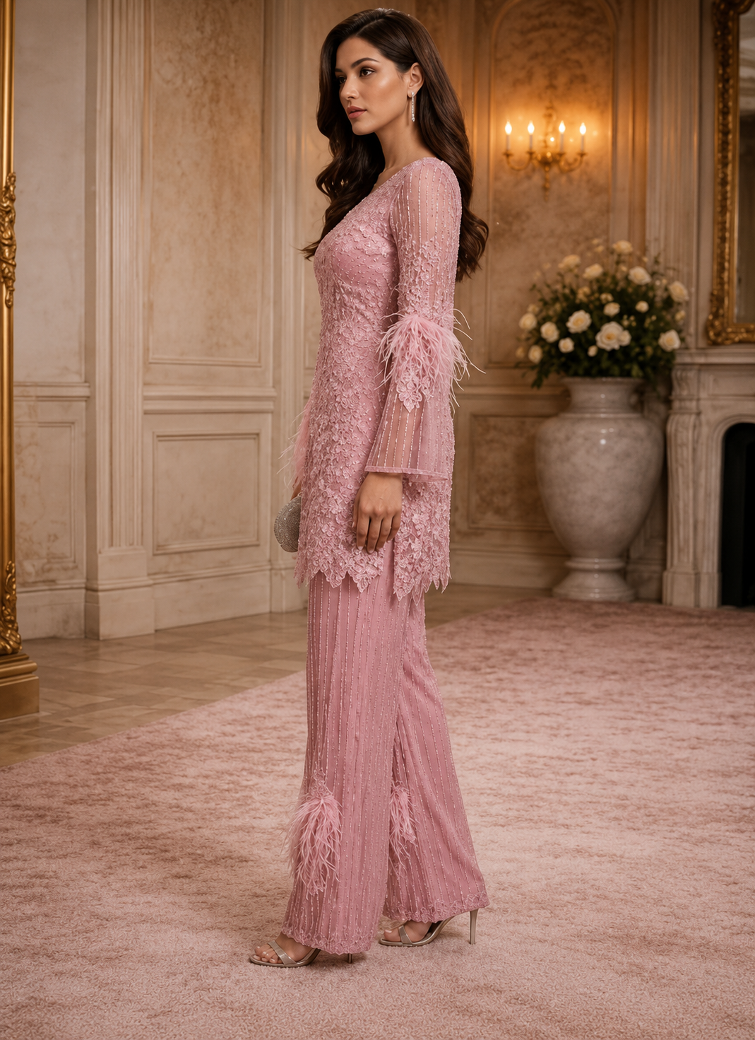 embroidered and feather Sharara set
