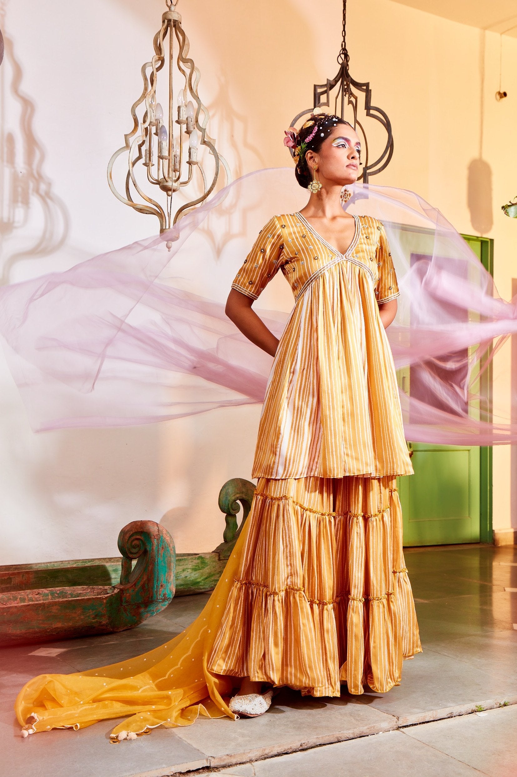 Ochre Yellow Peplum Dress with Sharara.