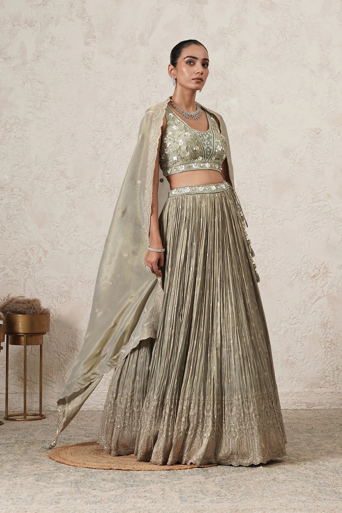 Pista Crushed Lehenga Set with Hand-Embroidered Blouse & Dupatta | Sage Green & Antique Gold| Women | THETAA