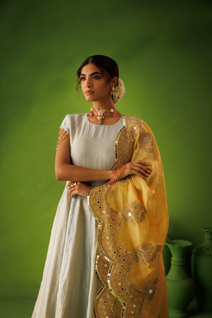 Powder blue and yellow reversible anarkali set with yellow  dupatta