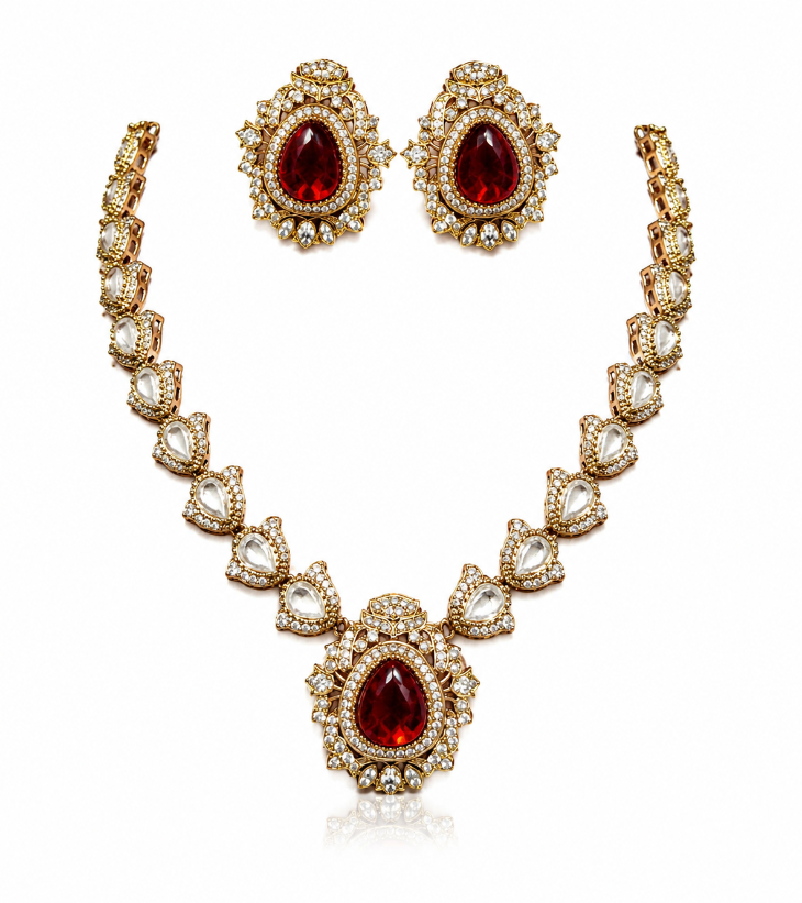 Ruby Red Jaipuri Kundan Statement Necklace Set with Matching earring