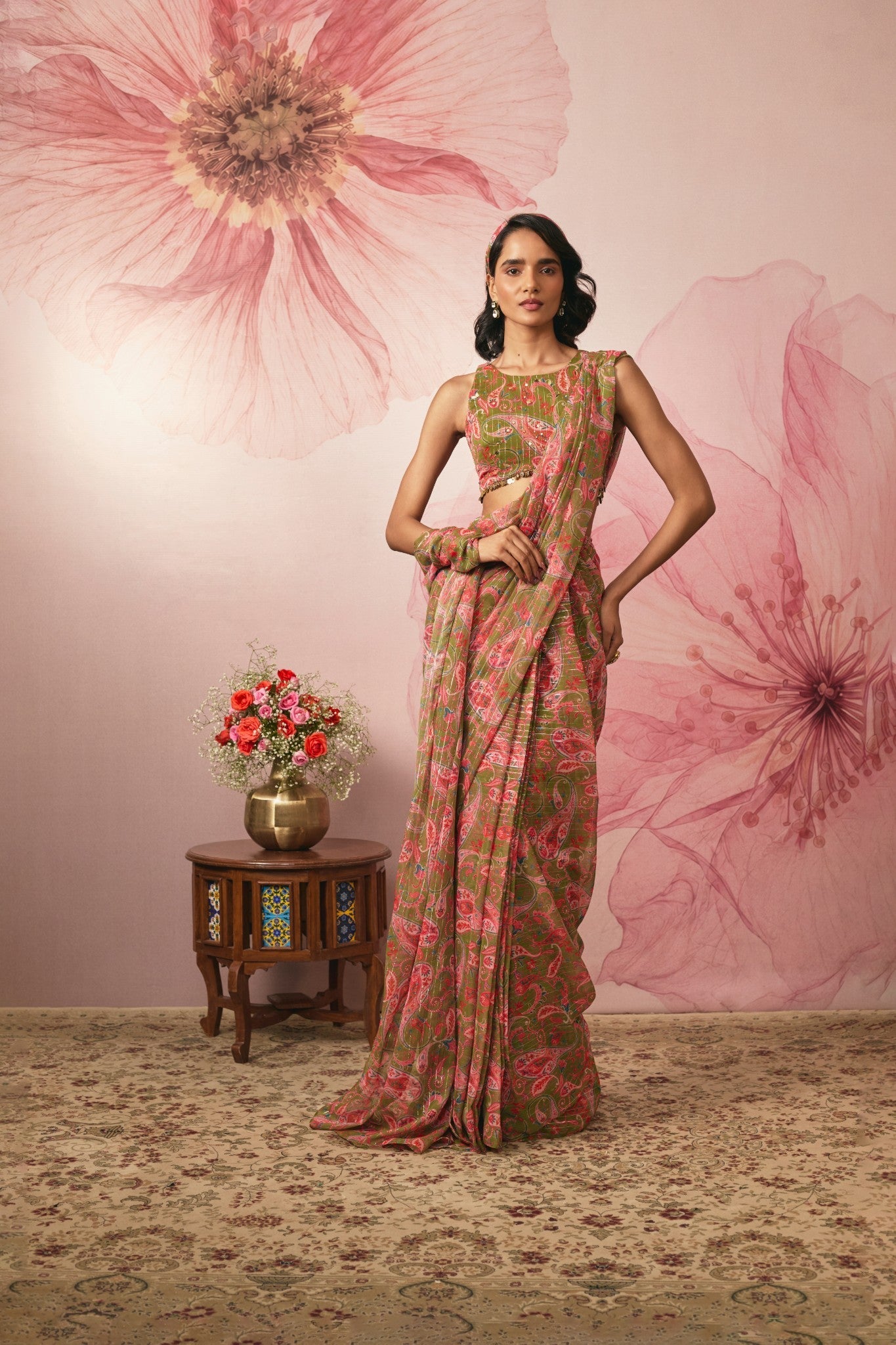 GREEN PAISLEY PRINTED PRE DRAPED SAREE SET